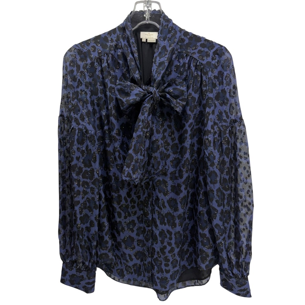 Kate Spade Blue Leopard Print Metallic Tie Neck Bow Blouse Size S
